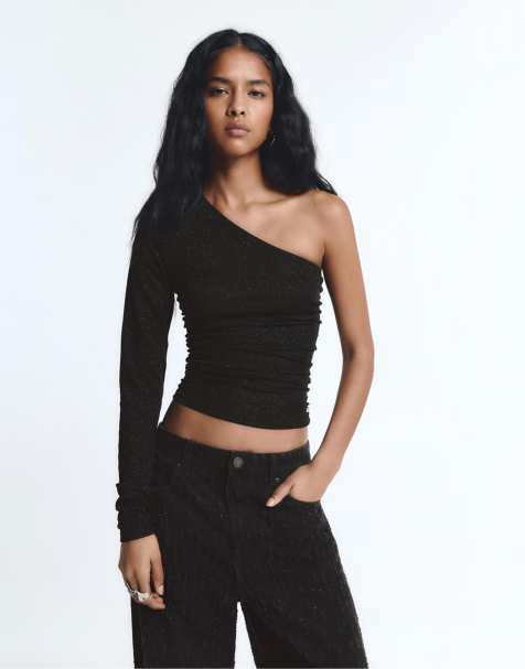 Pull&Bear Asymmetric draped rhinestone top in black