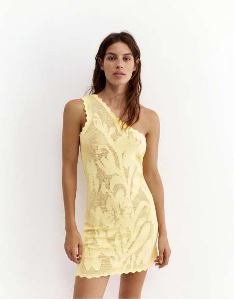 Pull&Bear Asymmetric floral cutwork dress in yellow - view 1