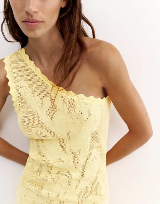 Pull&Bear Asymmetric floral cutwork dress in yellow, 3 of 7