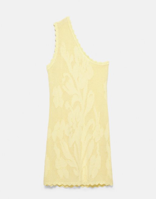 Pull&Bear Asymmetric floral cutwork dress in yellow, 5 of 7