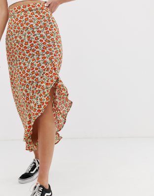 Pull&bear asymmetric floral wrap midi skirt in on sale multi