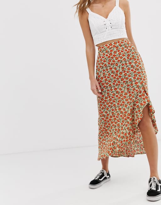 Pull&bear asymmetric floral wrap midi skirt in on sale multi