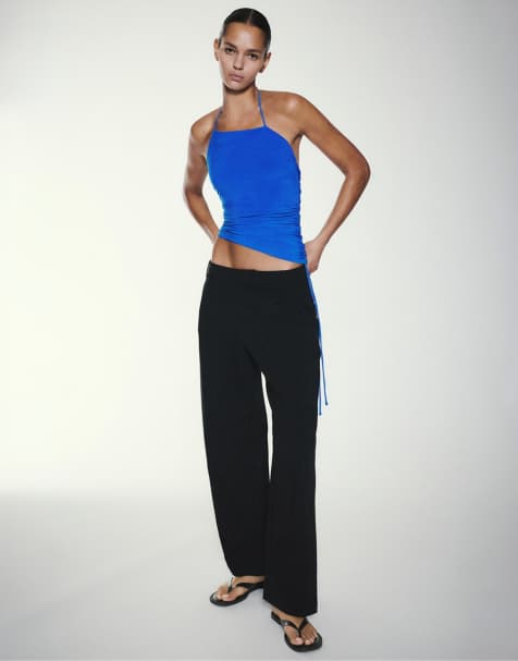 Pull&Bear Asymmetric gathered halter top in deep blue - view 1