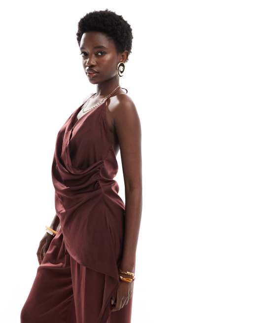Pull&Bear asymmetric halter top in brown