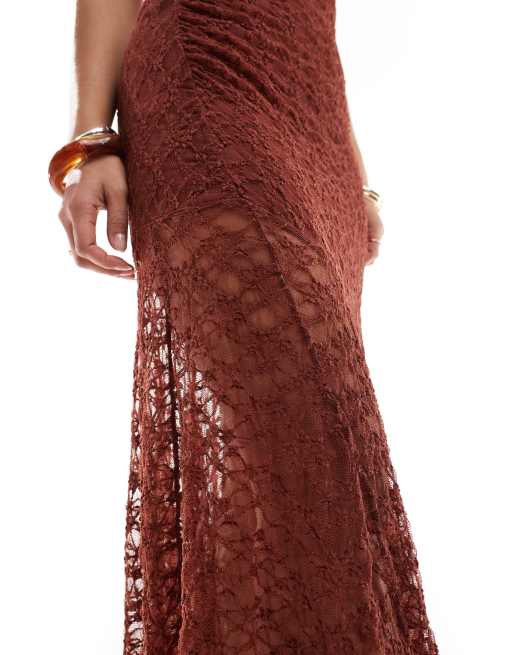 Pull&Bear asymmetric hem lace maxi dress in burnt orange