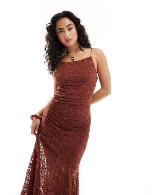 Pull&Bear asymmetric hem lace maxi dress in burnt orange