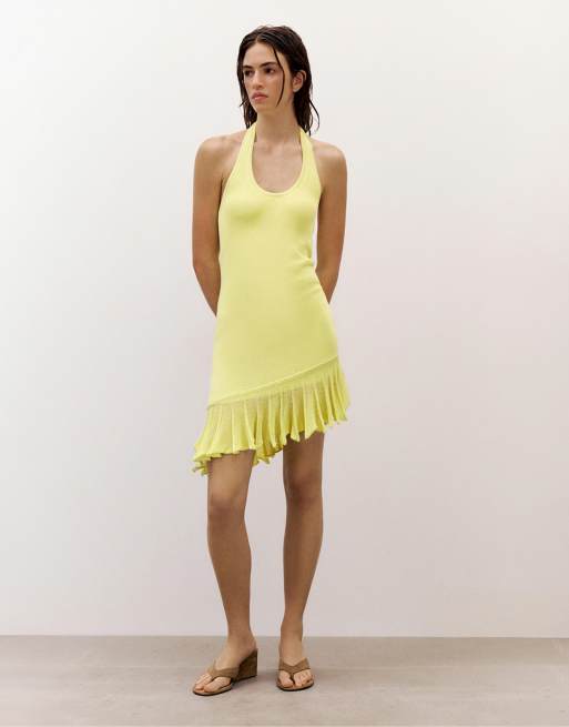 Pull&Bear Asymmetric knit halter dress in lime, 4 of 7