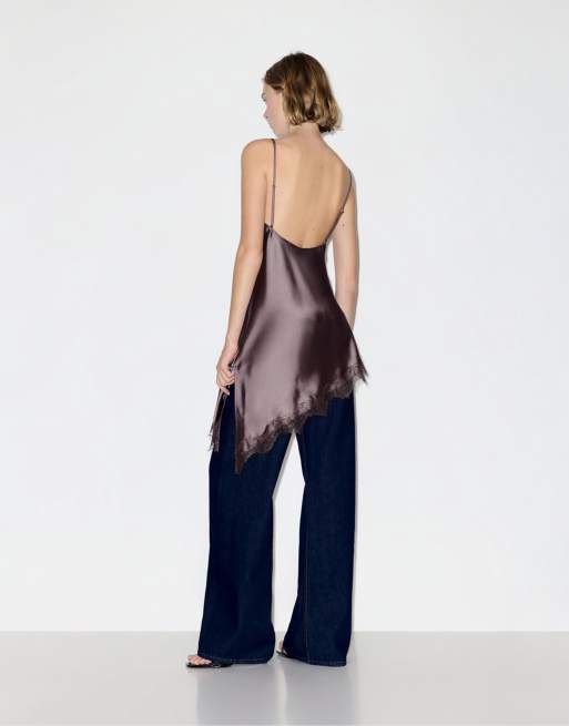 Pull&Bear Asymmetric lace camisole top in brown, 2 of 4