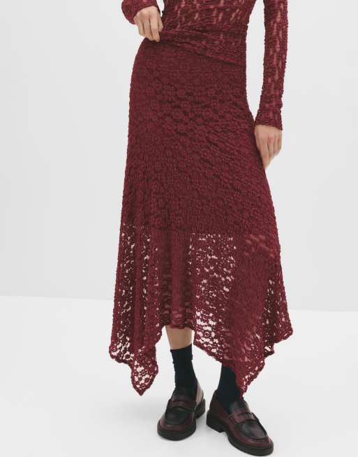 Pull&Bear Asymmetric lace midi skirt in burgundy - BURGUNDY