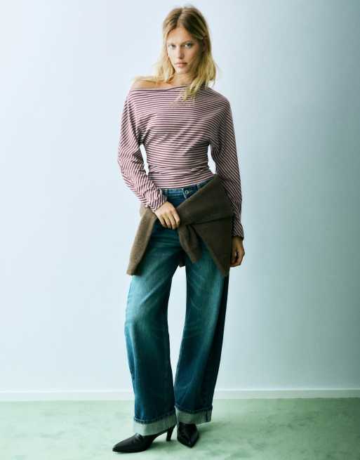 Pull&Bear Asymmetric long sleeve top in striped, 4 of 6