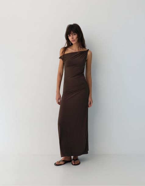 Pull&Bear Asymmetric midi dress in brown - view 1