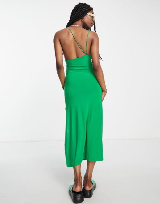 Pull Bear asymmetric midi dress with side slit in emerald green