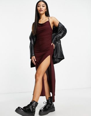 Pull&Bear asymmetric midi dress with side split in burgundy