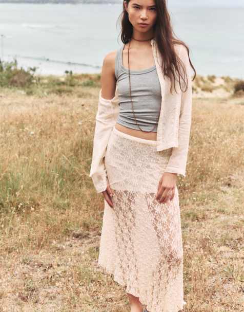 Pull&Bear Asymmetric midi skirt in beige - view 1