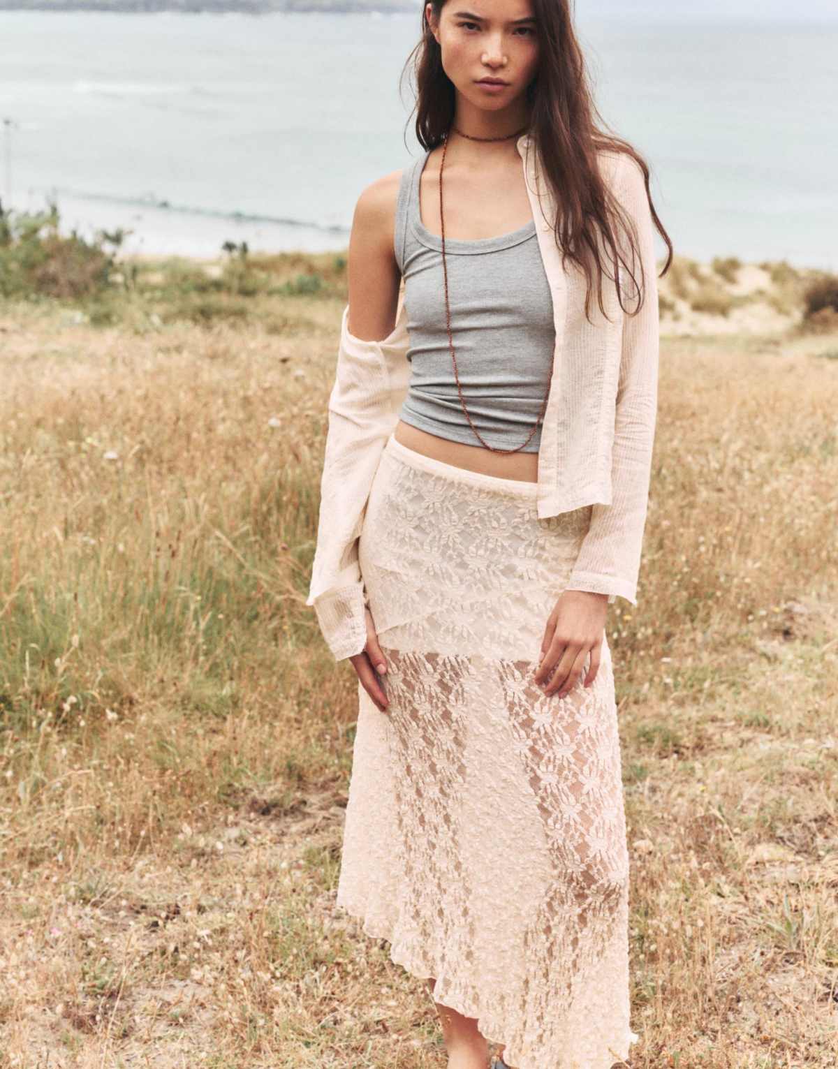 Pull&Bear Asymmetric midi skirt in beige