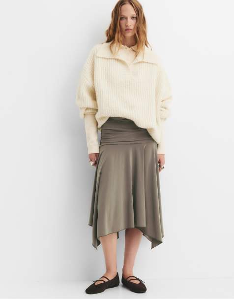Pull&Bear Asymmetric midi skirt in mole brown