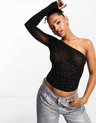 Pull&Bear asymmetric one shoulder glitter top in black