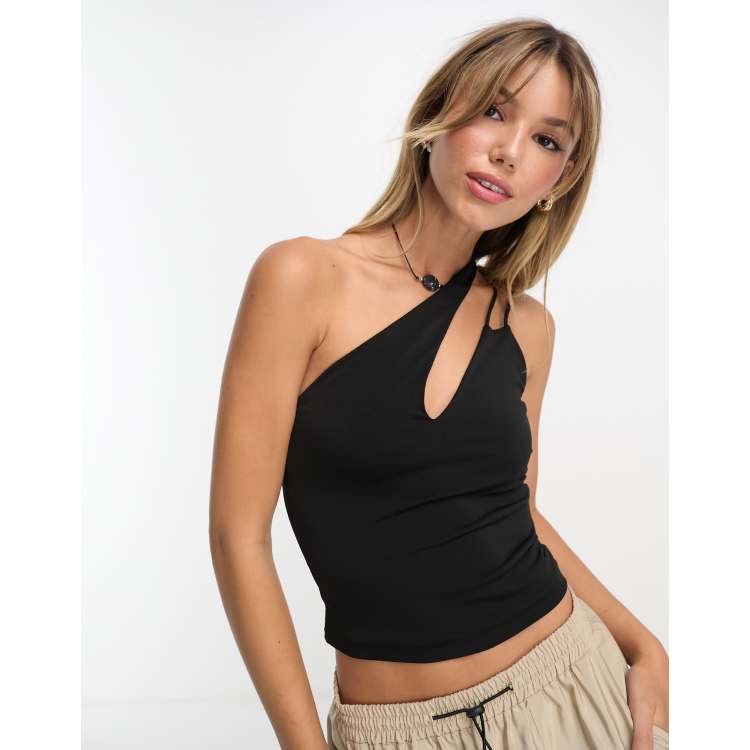 Pull&Bear asymmetric one shoulder strappy top in black