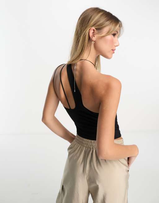 Pull&Bear asymmetric one shoulder strappy top in black