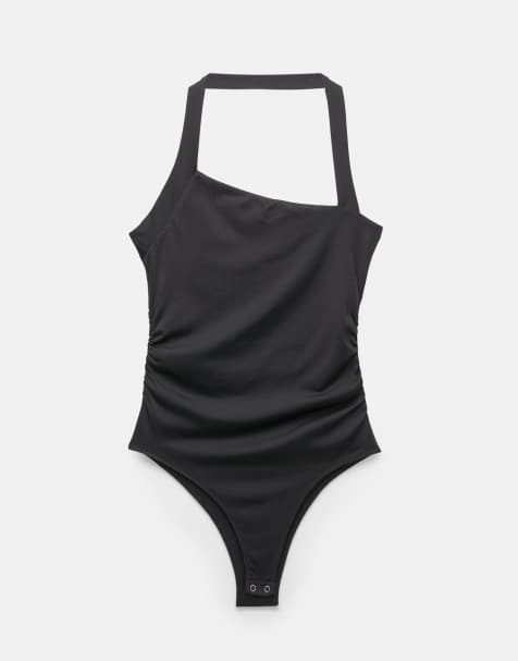 Pull&Bear Asymmetric polyamide bodysuit in black - view 1