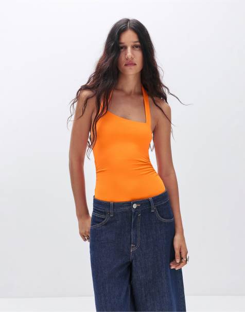 Pull&Bear Asymmetric polyamide bodysuit in orange
