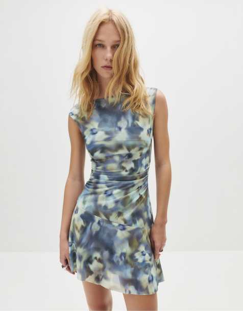 Pull&Bear Asymmetric printed dress in blue shades - view 1