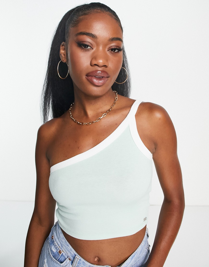 Pull & Bear asymmetric ribbed crop top in sage green
