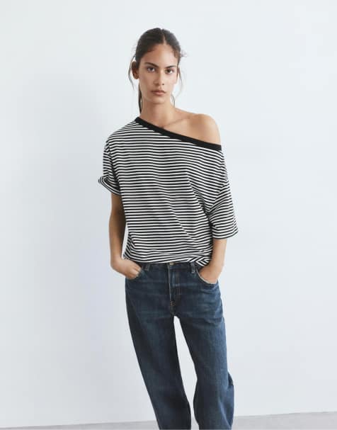 Pull&Bear Asymmetric short sleeve t-shirt in striped - view 1
