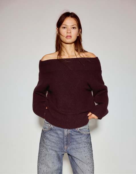 Pull&Bear Asymmetric soft knit sweater in burgundy