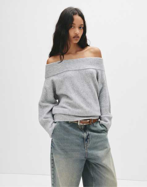Pull&Bear Asymmetric soft knit sweater in grey marl - view 1