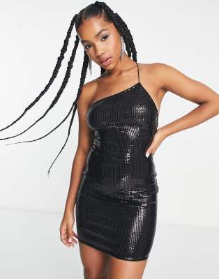 Pull&Bear asymmetric strap detail sequin mini dress in black - ASOS Price Checker