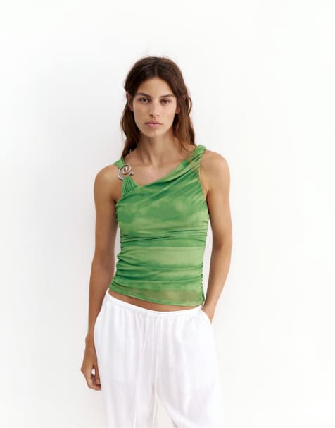 Pull&Bear Asymmetric tie-dye appliqué top in green - view 1