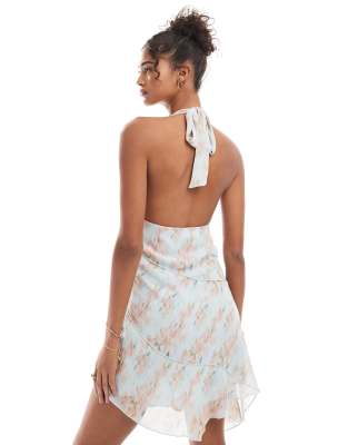 pull&bear asymmetric tiered hem mini dress in blurred floral print