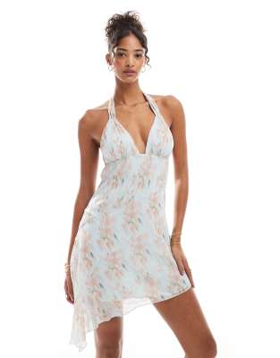 pull&bear asymmetric tiered hem mini dress in blurred floral print