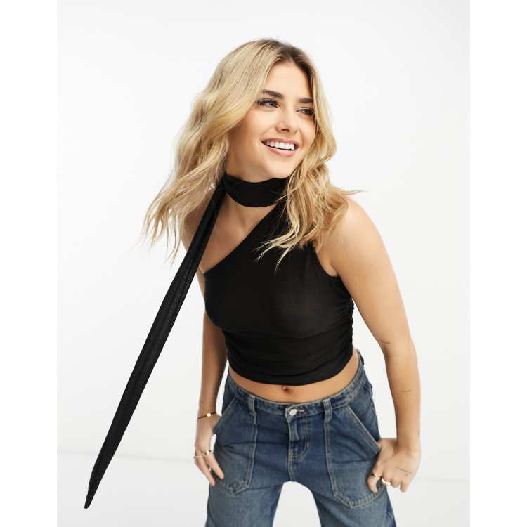 Pull&Bear asymmetric top with scarf detail co-ord in black | ASOS