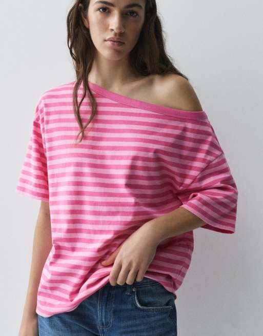 Pull&Bear asymmetrisch T-shirt met korte mouwen in roze, 3 van 7