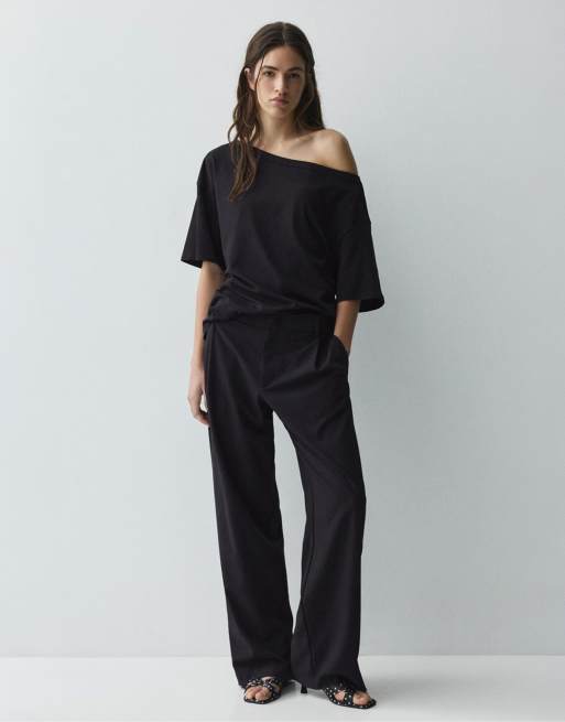 Pull&Bear - Asymmetrisch T-shirt met korte mouwen in zwart, 4 van 7