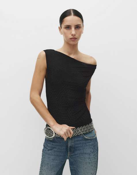 Pull&Bear - Asymmetrische gedrapeerde body met strass-steentjes in zwart - view 1