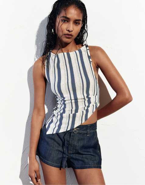 Pull&Bear - Asymmetrische gestreepte rustieke top in blauw - view 1