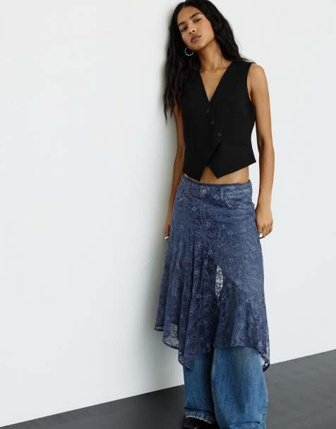 Pull&Bear - Asymmetrische kanten midi rok in blauw - view 1