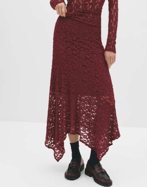 Pull&Bear - Asymmetrische midirok van kant in bordeauxrood - view 1