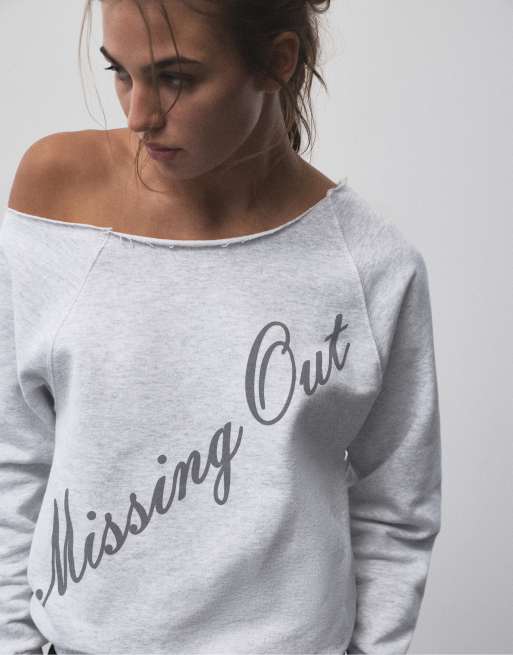 Pull&Bear asymmetrische sweatshirt met graphic in gemêleerd grijs, 2 van 7