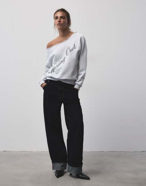 Pull&Bear asymmetrische sweatshirt met graphic in gemêleerd grijs, 3 van 7