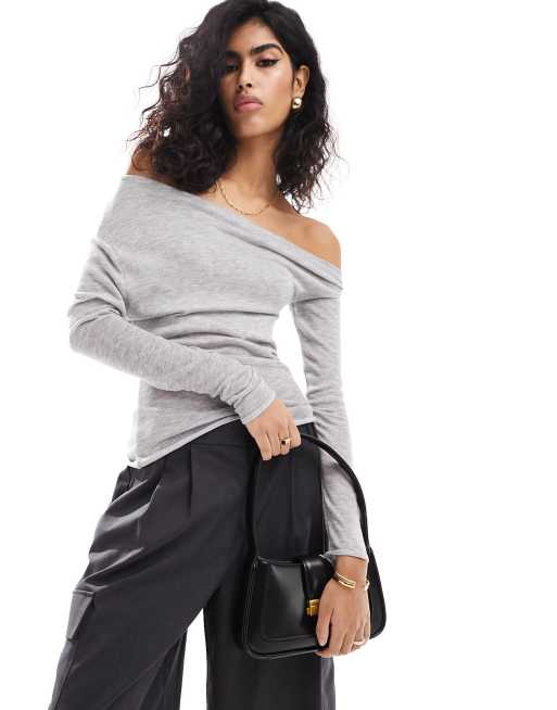 Pull&Bear - Asymmetrische top met lange mouwen in grijs