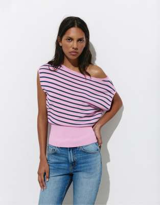 Asymmetrischer, kurzärmliger Pullover in Rosa Rosa S