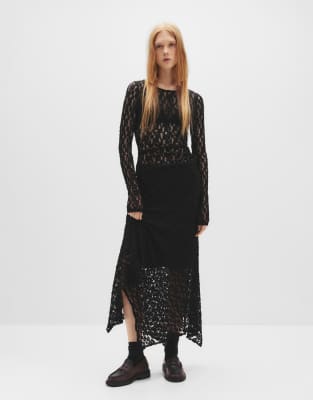 Pull & Bear - Asymmetrischer Midirock aus Spitze in Schwarz