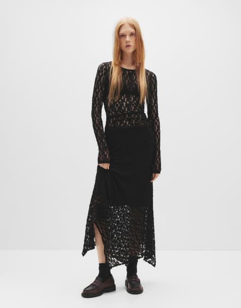 Pull&Bear – Asymmetrischer Midirock aus Spitze in Schwarz - view 1