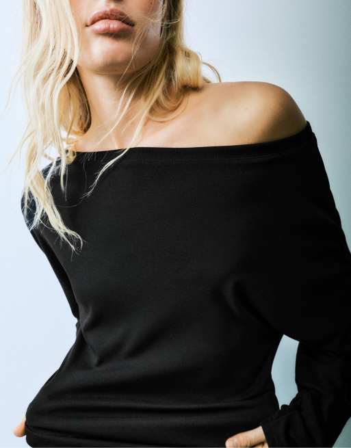 Pull&Bear – Asymmetrisches, langärmliges Oberteil in Schwarz, 3 von 6