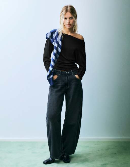 Pull&Bear – Asymmetrisches, langärmliges Oberteil in Schwarz, 4 von 6