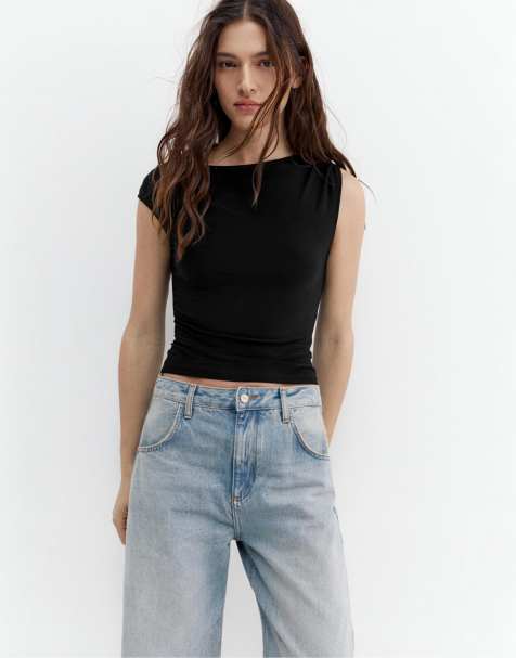 Pull&Bear – Asymmetrisches Oberteil in Schwarz mit Raffung - view 1